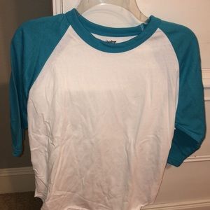 blue and white baseball tee